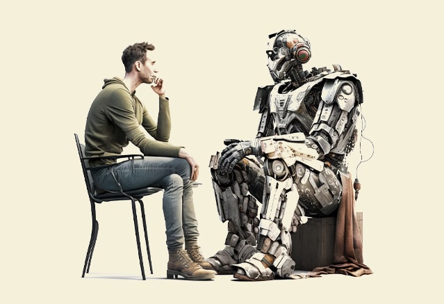 A man is sitting on a chair next to a robot while studying for his Extended Diploma in Global Business Management.