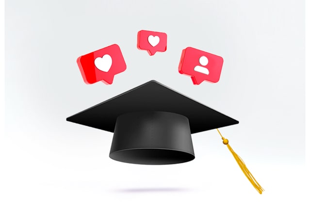 A graduation cap adorned with social media icons soaring to signify accomplishment in Extended Diploma in Global Business Management.