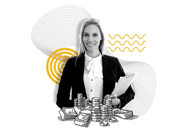 An illustration featuring a woman holding a stack of coins, symbolizing financial success in the field of global business management.