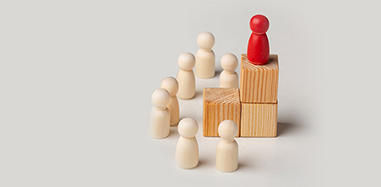 A red person in a group of wooden blocks, representing the Extended Diploma in Global Business Management.