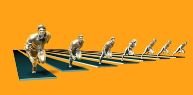 A group of executives running on a yellow background.