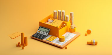 A 3D model of a calculator showcasing Executive MBA in Business Analytics on a yellow background.